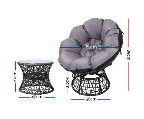 3PC Wicker Outdoor Papasan Chairs and Table Setting - Black